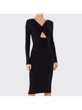 Ramy Brook Black Ribbed Long-Sleeve Midi Dress with Front Cutout